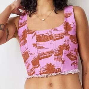 Urban Outfitters Wild Lovers Connie Printed Corset Pink Brown Vegas Car Print M